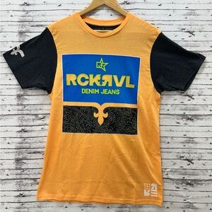 Rock Revival Orange and Black Graphic T-Shirt Men’s Small 100% Cotton